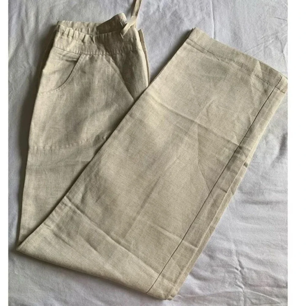 Coldwater Creek Womens Wide Leg Pants 4 Beige Linen Rayon Drawstring Casual
